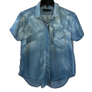 Calvin Klein Jeans Blue Distressed Denim Button Up Short Sleeve Shirt